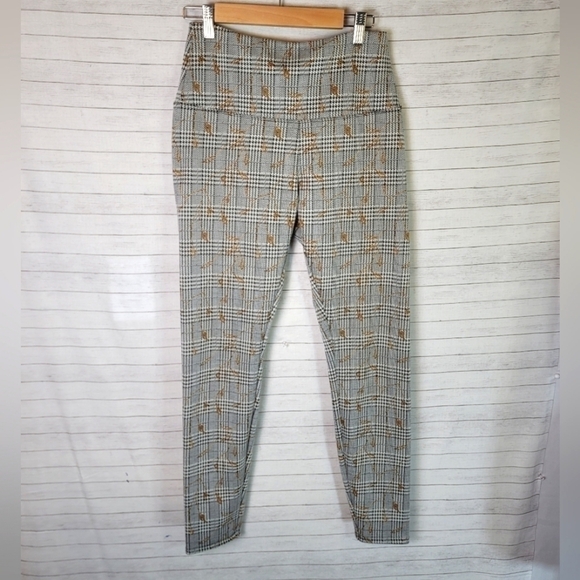 Lysse Pants - LYSSE PLAID LEGGINGS W GOLD LEAF PRINT DESIGN, SZ SMALL